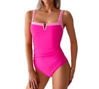 Maillot de Bain Femme 1 Piece Tanga Taille Haute Solid Color Conservative Swimsuit Tummy Swimsuit for Women Bathing Suits Ruched Swimwear with Breast Jupe de Bain Femme Maillots (Hot Pink, L)