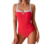 Maillot de Bain Femme 1 Piece Tanga Taille Haute Solid Color Conservative Swimsuit Tummy Swimsuit for Women Bathing Suits Ruched Swimwear with Breast Jupe de Bain Femme Maillots (Red, XL)