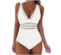Maillot de Bain Femme 1 Pieces Ajouré avec avec Coussinets de Soutien-Gorge Maillots Une Pièce Ventre Plat Taille Haute Colorblock Sexy Maille Col en V Swimsuit Push Up Swimwear Bikini