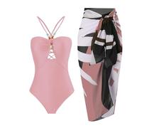 Maillot De Bain Femme 1 Pieces avec Pareo Imprimé Vintage Monokini Femme Sexy Gainant Ventre Plat Grande Taille été Chic Pas Cher Fashion Plage Océan Piscine Natation Sport (Pink, L)