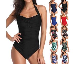 Maillot de Bain Femme 1 Pieces Gainant Ventre Plat, Maillots de Bain Une Pièce Froncé Push Up Rembourré Halterne Monokini Vintage Dos Nu Swimwear De Plage Beachwear Été, Noir, XXL