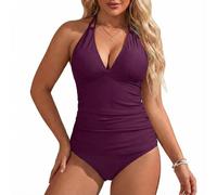 Maillot De Bain Femme 1 Pieces - Maillot De Bain Amincissant pour Femme Décolleté en V Profond Blocs De Couleurs Dos Lacé