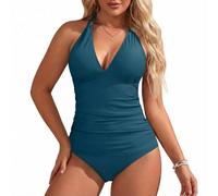 Maillot De Bain Femme 1 Pieces - Maillot De Bain Amincissant pour Femme Décolleté en V Profond Blocs De Couleurs Dos Lacé