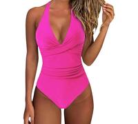 Maillot de Bain Femme 1 Pieces, Maillot de Bain Devant Croisé Sexy Gainant Ventre Plat, Slim Push Up Couleur Unie Swimsuit Maillots Une Pièce Femme