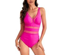 Maillot De Bain Femme 1 Pieces Sexy Push Up Transparent Monokini Fashion Couleur Unie Hollow Swimsuit Dentelle Gainant avec Coussinets De Soutien-Gorge sans Anneau Ventre Plat Slim Rose Vif S