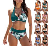 Maillot De Bain Femme 2 Pieces 2025 Ete Chic Et Elegant Push Up Col V De Tie-Dye Taille Haute Maillots Deux PièCes Sexy Vintage Halter Bikini Set Grande Taille Beachwear Sport Ensemble