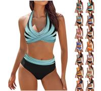 Maillot De Bain Femme 2 Pieces 2025 Ete Chic Et Elegant Push Up Col V De Tie-Dye Taille Haute Maillots Deux PièCes Sexy Vintage Halter Bikini Set Grande Taille Beachwear Sport Ensemble Vetement Solde