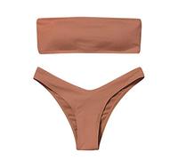 Maillot de Bain Femme 2 Pieces Bandeau uni Maillots Deux pièces Taille Haute rembourré Dos réglable Bas de Bikini Tanga Sexy Chic et Elgant Ensemble de Plage Tenue Tankini Swimwear (Brown, M)