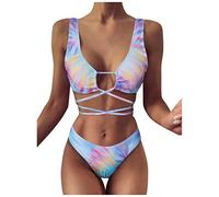 Maillot de Bain Femme 2 Pièces Bikini Élégante Femmes tie-Dye Mode Bikini Set Strap Stray Cravate Teinte Maillot de Bain Beachwear (Blue, M)