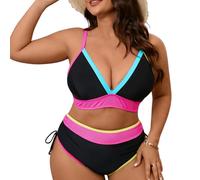 Maillot De Bain Femme 2 Pieces- Coussinet de Poitrine à col en V Profond et Blocs de Couleurs Taille String - en Cuir synthétique - Sexy - Push Up - Dos Nu - Réglable - Deux pièces
