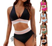 Maillot De Bain Femme 2 Pieces Gainant Ventre Plat Ensemble De Bikini Triangle Taille Haute Maillots Deux Pièces Push Up Rembourré avec Bretelles Spaghetti Ensemble Plage, Multicolore, M