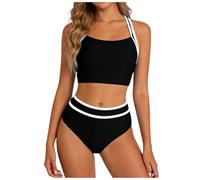 Maillot De Bain Femme 2 Pieces Haut Court Bas Taille Haute avec Bordures Élégant Confortable Taille Haute Bikini Ensemble Deux Pièces Swimwear Haut de Bikini avec Pantalon de Sport Réglable
