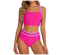 Maillot De Bain Femme 2 Pieces Haut Court Bas Taille Haute avec Bordures Élégant Confortable Taille Haute Bikini Ensemble Deux Pièces Swimwear Haut de Bikini avec Pantalon de Sport Réglable