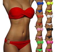Maillot De Bain Femme 2 Pieces Haute Bandeau, Maillots Deux Pièces Push up rembourré Crossover Ties-up sans Bretelles Bikini Sexy Taille Basse Froncé et Torsadé Beachwear Ensemble Sport (Red, S)