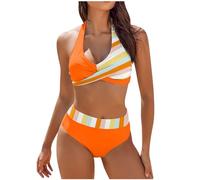 Maillot De Bain Femme 2 Pieces Push Up Rembourré Gainant Taille Haute Ventre Plat Bikini Maillots Deux Pièces Haut Crochet Mayo Brassiere Amincissant Sexy Swimwear Vintage Sexy Halter Col V Beachwear
