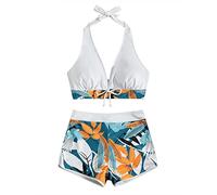 Maillot de Bain Femme 2 Pieces Push up Rembourré Taille Haute Bikini Maillot String Femme Pin up Shorty Imprimée Ete Vintage Pas Cher Trikini Maillot de Bain Femme Amincissant Blanc L