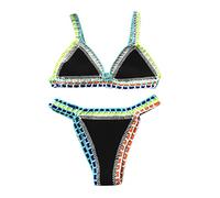 Maillot De Bain Femme 2 Pieces Sexy Couleur Vive Patchwork Fait Main Crochet pour La Plage Maillots Deux PièCes Push Up Triangulaire en Crochet Ethnique Haut Et Bas De Bikini Taille Basse String