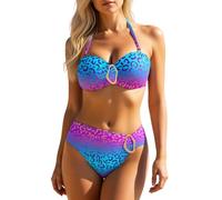 Maillot de Bain Femme 2 Pieces Sexy Push Up Imprimé Léopard Dégradé Laçage Bandeau Triangle Bikini Ensembles Taille Haute Shorty Col en V Halter Hauts Réglable Chic D'Été Plage Swimwear K609