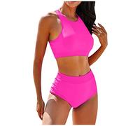 Maillot De Bain Femme 2 Pieces Shorty Push Up Ronde Bikini Femme 2 Pieces Menstruel Vintage Piscine Ensembles Taille Haute Sport Tanga Haut Swimsuit Mes Commandes(Rose Vif,M)