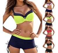 Maillot de Bain Femme 2 Pieces Shorty,Sport Maillots Deux pièces Natation Bretelles Spaghetti réglable Ensemble Tankini Gainant Taille Basse Push up Bikini Set à Bordures Contrastantes (Yellow, M)