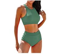 Maillot De Bain Femme 2 Pieces Shorty Taille Haute Sport Bikini Femme 2 Pieces Menstruel Piscine Ronde Ensembles Push Up Vintage Haut Tanga Swimsuit Mes Commandes(Vert de l'armée,XL)