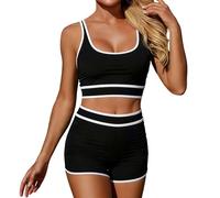 Maillot de Bain Femme 2 Pièces Sport U Neck Brassière Courte Taille Haute Shorty Bas Couvrant Ensemble Bikini confort