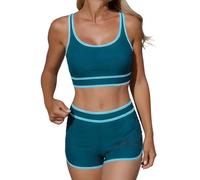 Maillot de Bain Femme 2 Pièces Sport U Neck Brassière Courte Taille Haute Shorty Bas Couvrant Ensemble Bikini