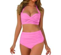 Maillot De Bain Femme 2 Pieces Taille Haute, Haut col Suspendu avec Croisement, Bas Taille Haute avec Ruching, Couleur Unie, Soutien Optimal et contrôle du Ventre, Parfait pour la Plage