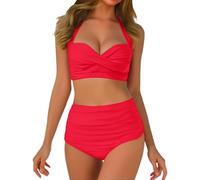 Maillot De Bain Femme 2 Pieces Taille Haute, Haut col Suspendu avec Croisement, Bas Taille Haute avec Ruching, Couleur Unie, Soutien Optimal et contrôle du Ventre, Parfait pour la Plage