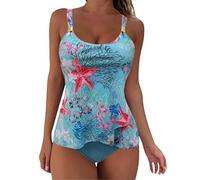 Maillot De Bain Femme 2 Pieces Tankini Grande Taille Maillot De Bain 2 Pieces Femme Tanga Taille Haute Tropical Chic Pas Cher Océan Plage Sport Natation Piscine Beachwear (Blue, XXL)