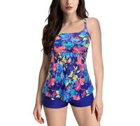 Maillot De Bain Femme 2 Pieces Tankini Imprimé Tropical Floral Maillots Deux Pièces Femme Shorty Taille Haute Chic Pas Cher Plag Natation Sport Piscine Océan (Sky Blue, XXXL)