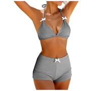 Maillot De Bain Femme 2 Pieces Unie Décor De Noeuds Shorty Col Licou Élégant Confortable Léger Réglable Bikini Femme 2 Pieces pour Plage Piscine Été Séjour D’été