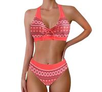 Maillot De Bain Femme Deux Pièces Gainant Contrôle du Ventre Triangle Bikini Set Taille Haute Maillots Col V Sexy Rembourré Push Up Swimsuit De Plage À Imprimé Hawaïen Monokini Pas Cher