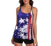 Maillot de Bain Femme Hauts de Maillots Femme Plus Size 4 of July Imprimé Maillots Bain pour Femmes Deux Pièces Contrôle du Ventre Long Vêtements Été Haut (Dark Blue XL)