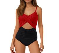 Maillot De Bain Femme Sexy,Maillot De Bain Femme 1 PièCe,Maillots de Bain Femme, Maillot de Bain 1 pièce Taille Haute à découpes, Cache-cœur, noué dans Le Dos (Red, S)