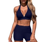 Maillot de Bain Femme Taille Haute Haut Tankini Women's Spring Summer Solid Color No Ring Bikini Split Swimsuit Set Jupe de Bain Femme Maillots Enfant Fille(Navy,L)