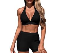 Maillot de Bain Femme Taille Haute Haut Tankini Women's Spring Summer Solid Color No Ring Bikini Split Swimsuit Set Jupe de Bain Femme Maillots Enfant Fille(Black,S)