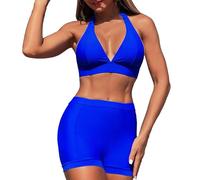 Maillot de Bain Femme Taille Haute Haut Tankini Women's Spring Summer Solid Color No Ring Bikini Split Swimsuit Set Jupe de Bain Femme Maillots Enfant Fille(Blue,L)