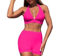 Maillot de Bain Femme Tankini Gainant 2 Pieces Women's Spring Summer Solid Color No Ring Bikini Split Swimsuit Set Tankini Grande Taille Maillots de Bain Short Fille (Pink,M)