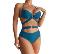 Maillot de bain fendu de couleur unie avec bretelles en métal pour femme - Accessoires de poing en métal à suspendre au cou, bleu marine, M