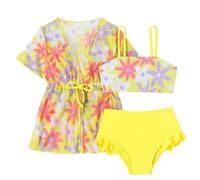 Maillot de Bain Fille 0-3 Ans 3 Pieces Plage Ensemble Bikini Bebe Haut Bandeau Bretelles + Culotte + Cache Maillot Piscine Tankini Set Volant Fleur Chic Sport Natation Vacances (Jaune, 9-12 Mois)