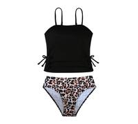 Maillot De Bain Fille 10 Ans-Maillot de Bain Deux pièces pour Filles- imprimé léopard- Bikini Tankini Haut et Bas pour la Plage et la Piscine en été (Black- 5-6 Years)