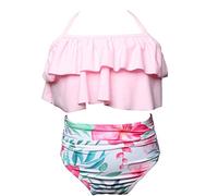 Maillot de Bain Fille 2-12 Ans 2 Pieces Ensemble Bikini Enfant Fille Deux Pièces Haut Bandeau Col Halter Culotte Taille Haute Piscine Tankini Dos Nu Volant Fleuri Mignon Plage (Rose, 4-5 Ans)