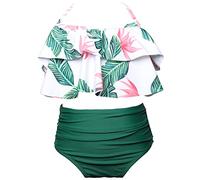 Maillot de Bain Fille 2-12 Ans 2 Pieces Ensemble Bikini Enfant Fille Deux Pièces Haut Bandeau Col Halter Culotte Taille Haute Piscine Tankini Dos Nu Volant Fleuri Mignon Plage (Vert, 10-12 Ans)