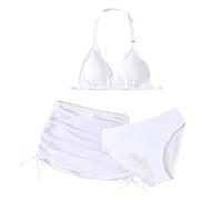 Maillot de Bain Fille 5-11 Ans 3 Pieces Plage Ensemble Bikini Ado Triangle Col Licou + Culotte +Jupe Piscine Tankini Set Dos Nu Mode Sport Natation Vacances (Blanc, 9-10 Ans)