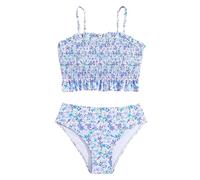 Maillot de Bain Fille 7-11 Ans 2 Pieces Plage Ensemble Bikini Enfant Fille Deux Pièces Debardeur Bretelles Culotte Taille Haute Natation Tankini Froncée Fleuri Casual Piscine (Bleu Ciel, 8-9 Ans)