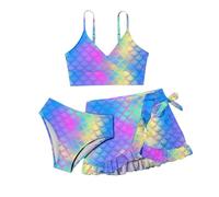 Maillot de Bain Fille 8-18 Ans 3 Pieces Plage Ensemble Bikini Ado Haut Bandeau Bretelles + Slip +Jupe Piscine Tankini Set Volant Sirene Imprimé Mignon Sport Vacances Natation (Rose, 17-18 Ans)