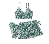 Maillot de Bain Fille 8-18 Ans 3 Pieces Plage Ensemble Bikini Ado Haut Bandeau Bretelles + Slip +Jupe Piscine Tankini Set Volant Tropical Chic Sport Vacances Natation (Multicolour, 9-10 Ans)