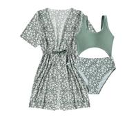 Maillot de Bain Fille 9-14 Ans 2 Pieces Plage Ensemble Bikini Ado Monokini Cut Out + + Cache Maillot Piscine Tankini Set Plume Vintage Sport Vacances Natation (Vert, 14 Ans)