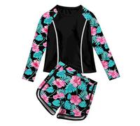 Maillot de Bain Fille Anti UV 2pcs Tankini Enfant Haut Manche Courte T-Shirt de Bain avec Shorty Sport Eté Ensemble de Plage Natation Rash Guard 2-13 Ans Ensemble de Maillot de Bain